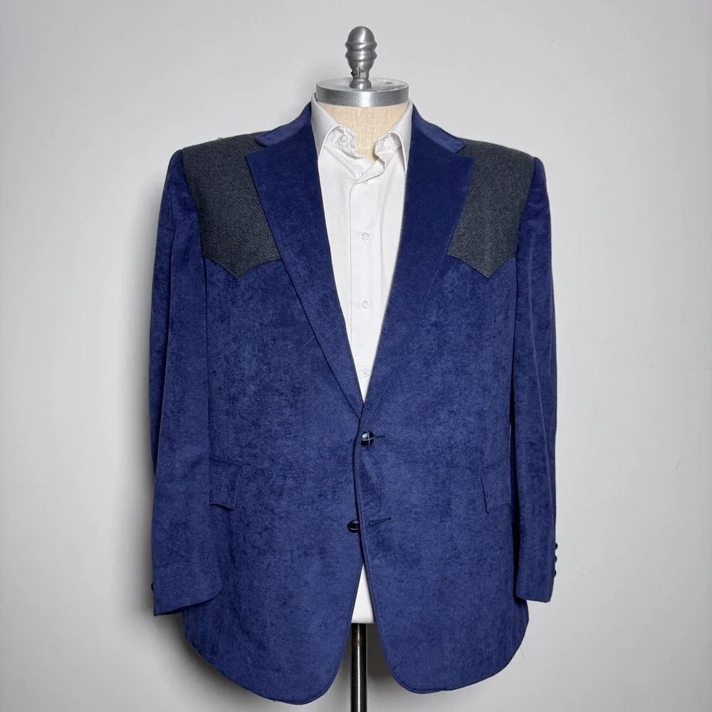 Pagano West Sport Coat Mens‎ 50R Blue Solid Western Faux Suede Herringbone Yoke